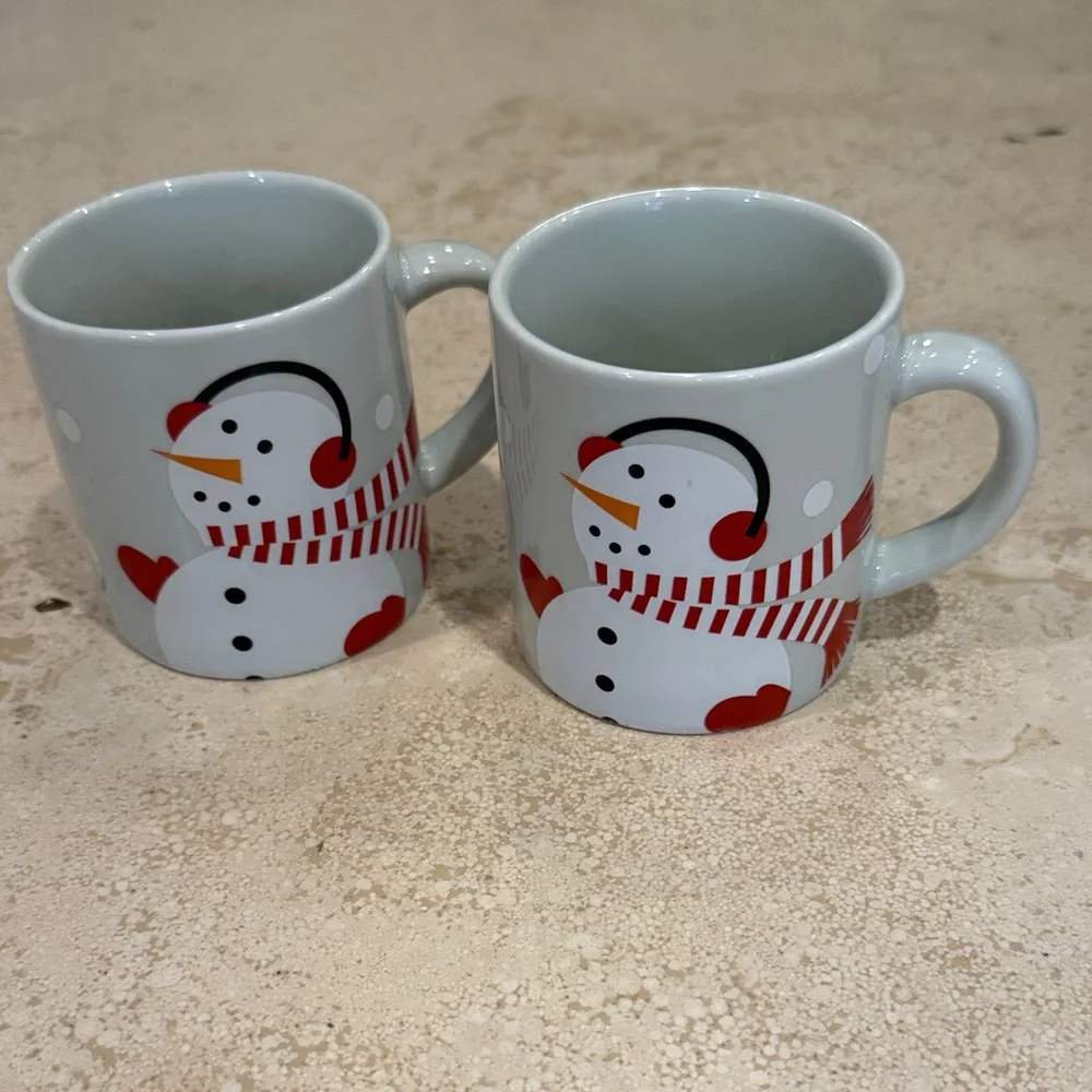 Crate&Barrel Snowman Mugs - White and Red Joan Anderson 3”. Mugs